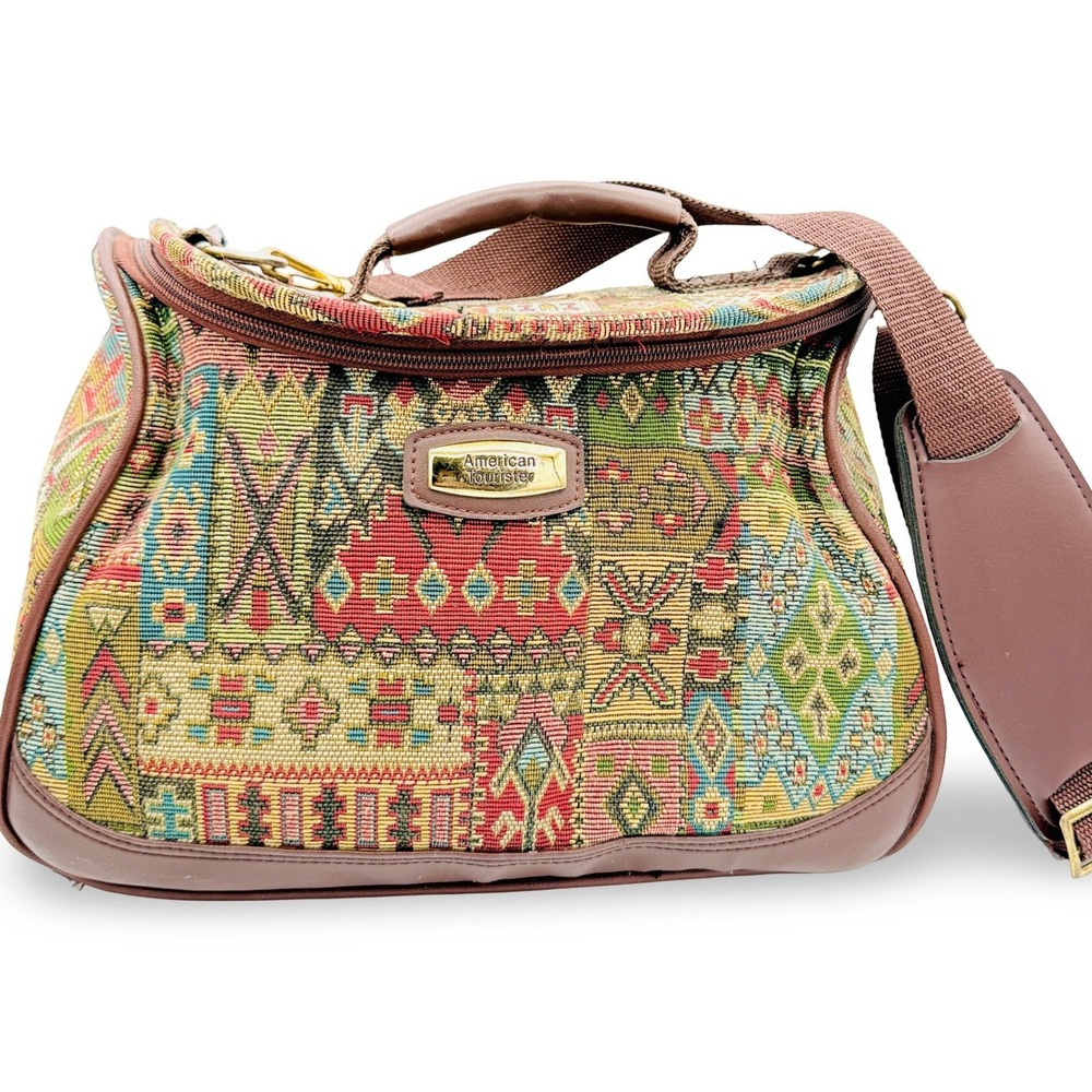 American Tourister Vintage Tapestry Makeup Carry Bag Travel Vanity Case Brown